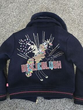 Billieblush Blue Girls Wool Blend Coat Faux Fur Collar Sequin Unicorn Kids Sz 6